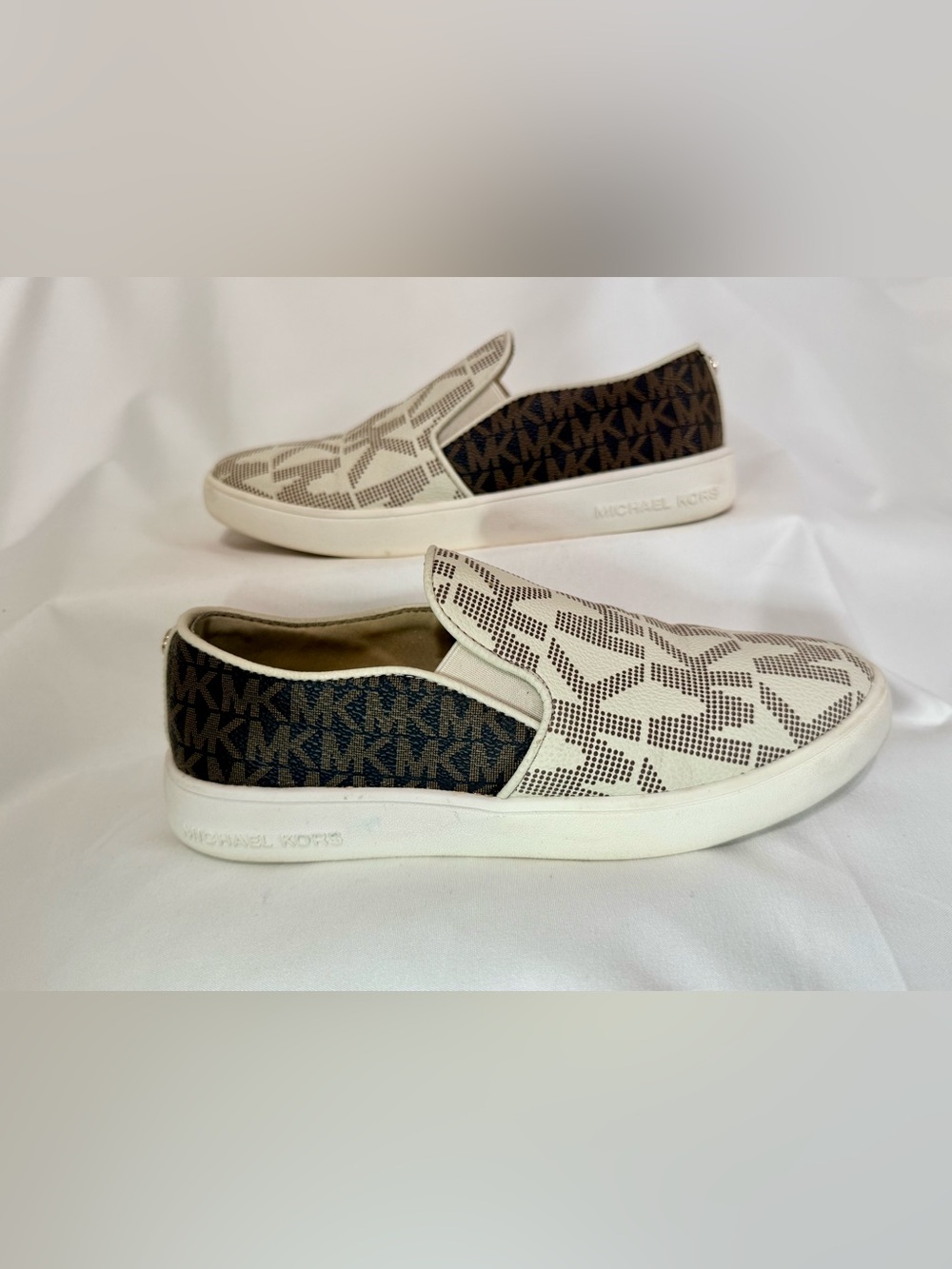 Michael Kors Kids White and Brown Signature Slip-On Sneakers